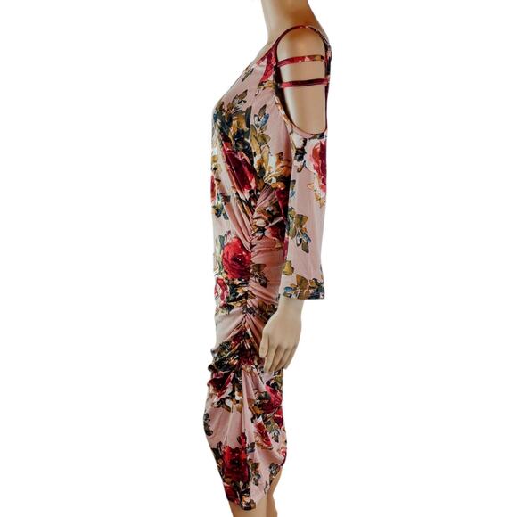 MINETTE Women's Midi Floral Dress 1X Polyester Spandex Mauve Red Cut-Out - Picture 4 of 7